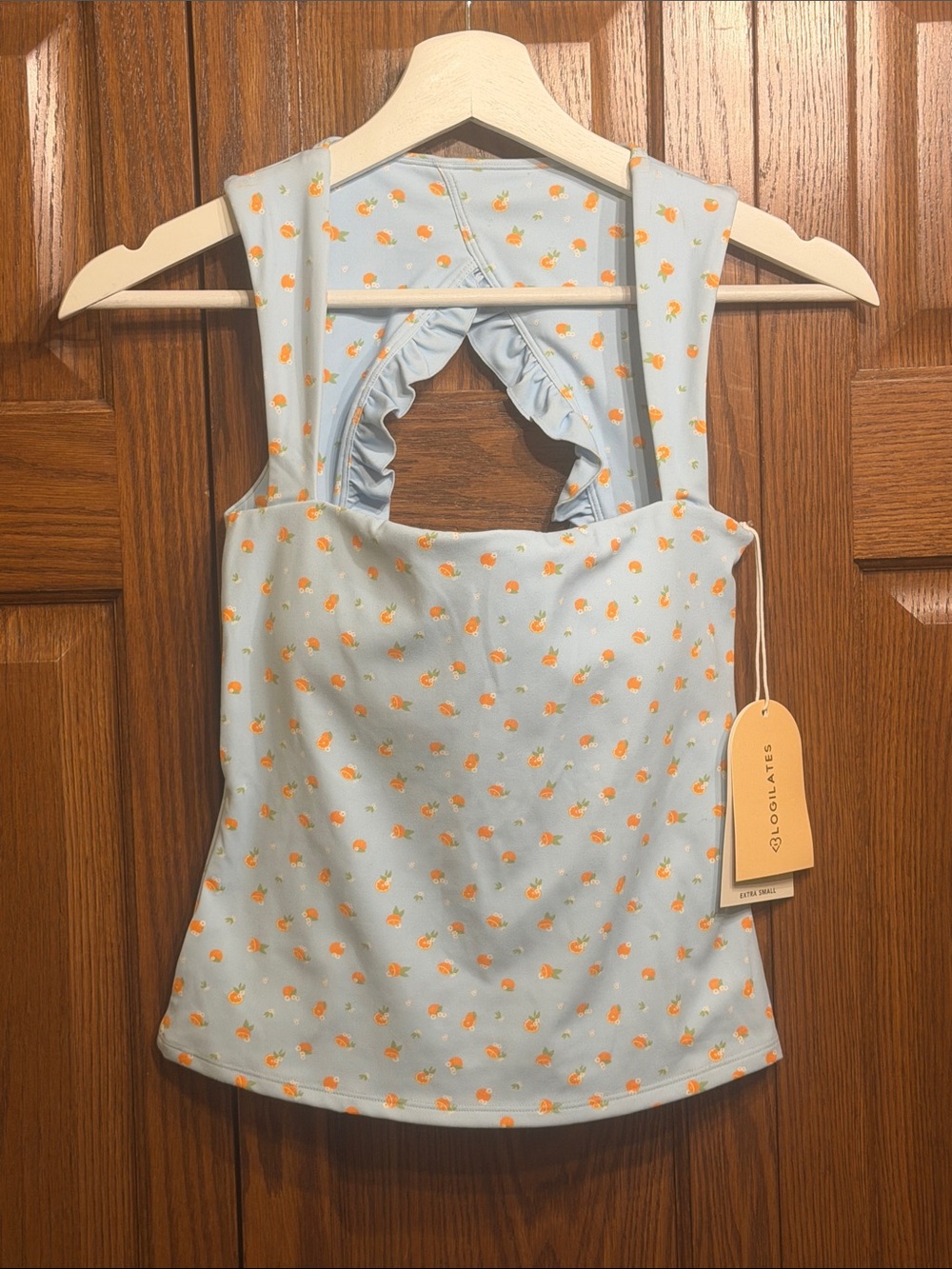 Alohas Light Blue Orange Print Ruffle-Back Tank Top
